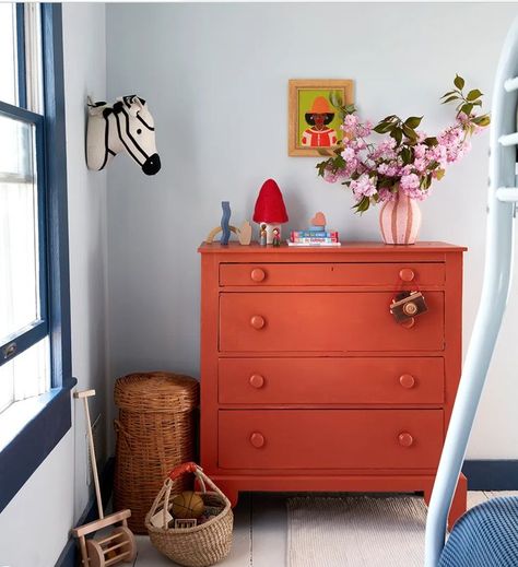 Modern Vintage Bathroom, Red Dresser, Orange Furniture, Kids Rooms Inspo, Bedroom Dressers, Vintage Bathroom, Yesterday And Today, Yellow Painting, Flipping Furniture