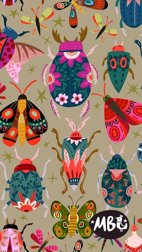 Insects Party Vector Seamless Pattern by Marusha Belle Maximalism Pattern, Bug Wallpaper, Insects Illustration, Insects Painting, Spring Bugs, Kids Branding Design, Insect Pattern, Surface Pattern Design Inspiration, Mirror Pattern