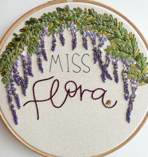 7 shades of purple for this wisteria order 💜 How sweet is that tiny little robin! #floralembroidery #wisteria #handembroidery #keepsakes #handmadegifts #embroidered #robin #dmcthread Purple Floral Embroidery, Wisteria Embroidery Design, Embroidered Wisteria, Wisteria Embroidery, Embroidered Robin, Purple Wisteria, Embroidery Stitches Tutorial, February 13, Bag Ideas