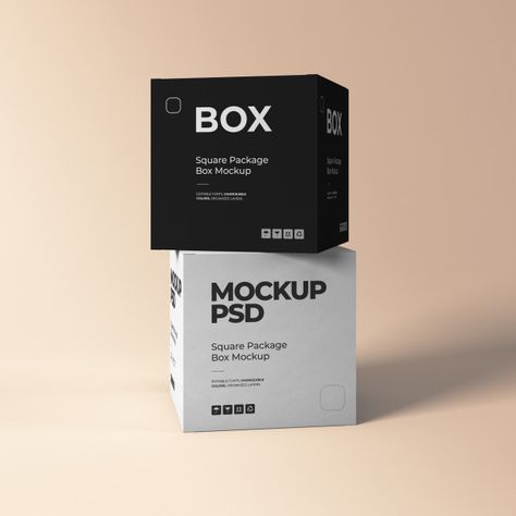 Two square box mockups | Premium Psd #Freepik #psd #mockup #paper #box #packaging Box Package Photography, Product Box Photography, Box Packaging Photography, Box Photography Packaging, Square Box Template, Box Graphic Design, Square Box Packaging, Square Box Design, Product Mockup Design