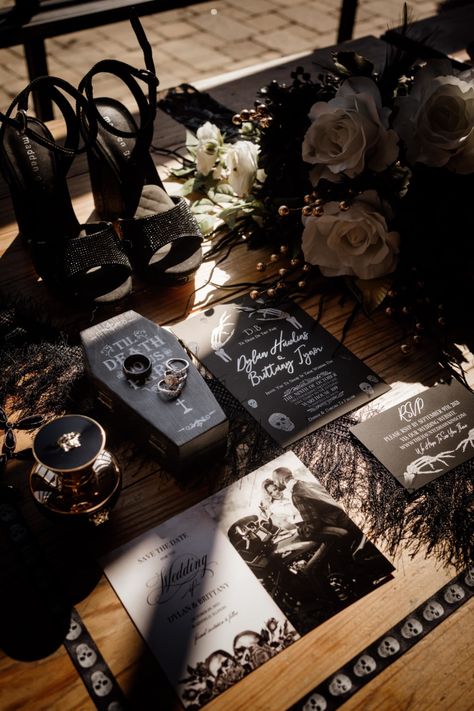 moody wedding day details Moody Romantic Wedding Aesthetic, Modern Goth Wedding, Moody Wedding Details, Moody Wedding Vibes, Moody Romantic Wedding Photography, Dark Moody Wedding Photography, Small Black Wedding, Dark And Moody Wedding Photography, Moody Wedding Dress