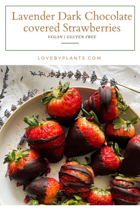 These Vegan chocolate covered strawberries are to die for + they are infused with lavender !! This is the percect vegan valentines day treat and so easy to make. #vegan #veganrecipes #valentines #veganvalentines #food #dessert #recipe #chocolatecoveredstrawberries #lavender Vegan Lavender Recipes, Easy Vegan Valentines Treats, Vegan Lavender Cookies, Vegan Chocolate Dipped Strawberries, Vegan White Chocolate, Lavender Syrup, Vegan Chocolate Chip, Valentines Day Treats, Covered Strawberries