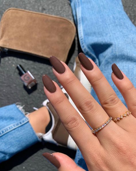 Nail Color For Brunettes, Rounded Long Nails, Brown Tipped Nails, All Brown Nails, Plain Gel Nails Simple, Pastel Brown Nails, Cool Brown Nails, Brown Arclyc Nails, Brown Toes Nails