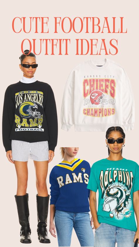 Head to your next NFL game in style with these cute T-shirts, sweatshirts, and sweaters that rep your favorite team. Because we can do much better than boring jerseys! Football Season Letter Print Crew Neck Top, Collegiate Style T-shirt For Football Season Fan Merchandise, Fall Football Outfit, Cheap Women's Game Day T-shirt, Nfl Sweatshirt, Vintage Nfl Sweatshirt, Nfl Outfits, Fall Football, Nfl Games