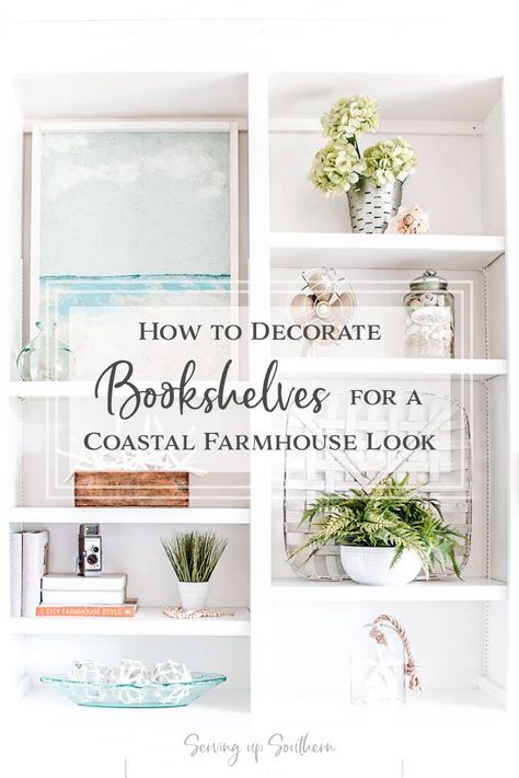 Coastal Shelves, Farmhouse Condo, Coastal Shelf Decor, Coastal Office Decor, Dream Bookshelves, Style Bookshelves, Modern Coastal Farmhouse, Sunset House, Styling Bookshelves