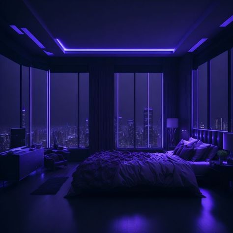 Black Room With Purple Led Lights, Dark Penthouse Bedroom, Luxury Rooms Bedroom Black, Dark Led Bedroom, Dark Led Room, Purple And Black House, Dark Led Room Aesthetic, Led Penthouse, Modern Penthouse Bedroom