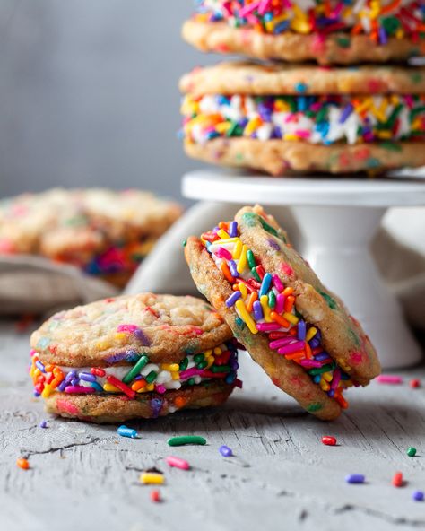 Funfetti Cookie Sandwiches - Kitchen 335 Sugar Cookies With Sprinkles, Vanilla Sugar Cookies, American Buttercream, Funfetti Cookies, Carrot Cupcake, Cookie Sandwich, Cookie Sandwiches, Vanilla Sugar Cookie, Sandwich Ingredients