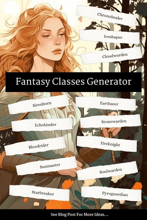 Our Fantasy Classes Generator is here to jumpstart your imagination. This clever tool goes beyond the typical fighter-mage-rogue trio. Story Inspiration Fantasy, Fantasy Book Name Generator, Fantasy Oc Generator, Fantasy Classes List, Fantasy Jobs Ideas, Fantasy Lore Ideas, Fantasy Terms, Fantasy Jobs List, Class Names Ideas