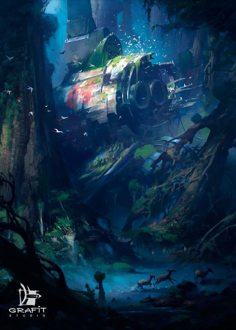 Forest shipwreck on Behance Sci Fi Rpg, Sci Fi Environment, Forest View, Round Eyes, Speculative Fiction, Fantasy Places, Science Fiction Art, Space Opera, Shipwreck