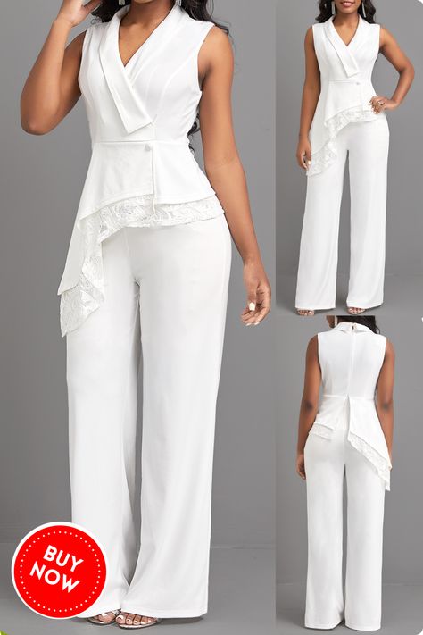 Look effortlessly stylish in this sleeveless lace white long turn down collar jumpsuit! This versatile jumpsuit is perfect for any occasion, from a casual day out to a day at the office. The jumpsuit features a sleeveless design, lace detailing, layered hem, zipper closure, and button turn down collar. It has long straight leg pants. #sleevelessjumpsuit #longjumpsuit #turn-down-collarjumpsuit #layeredjumpsuit #casualjumpsuit #workjumpsuit #everydayjumpsuit #summerfashion #workwear Elegant White Jumpsuits With Lace Trim, White Full-length Evening Pants, All White Party Jumpsuits & Rompers, Elegant White Wide-leg Jumpsuit, White Off-shoulder Evening Jumpsuits And Rompers, Jumpsuit Casual, Collar Jumpsuit, Rompers Online, Traje Casual