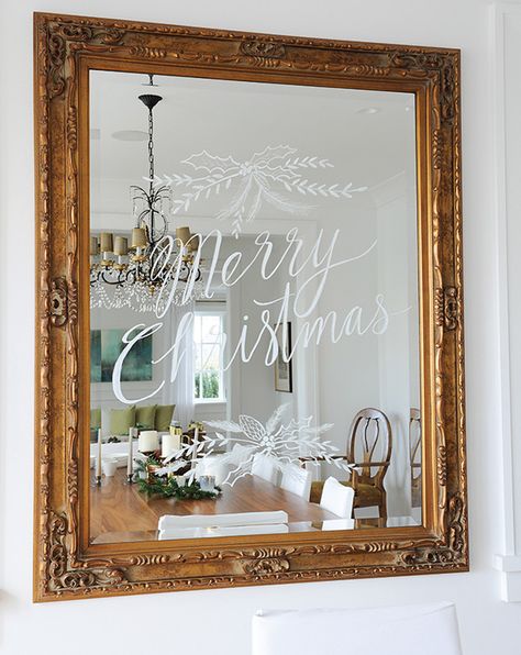 5 Easy Nature-Inspired Holiday Decorating Ideas - House & Home Christmas Mirror Decorations, Mirror Writing, Christmas Couple Pictures, Holiday Decorating Ideas, Christmas Mirror, Gilded Frame, Christmas Writing, Holiday Messages, Natural Christmas