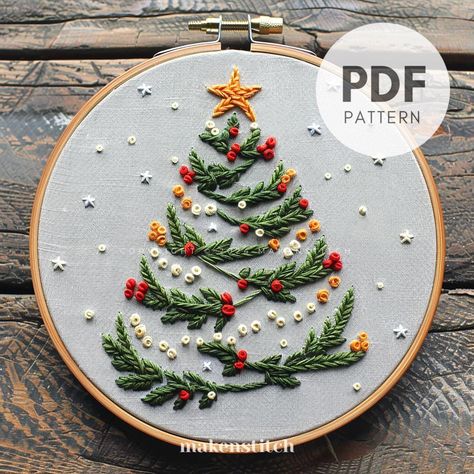 Bring the magic of the holiday season to life with this cute Christmas tree hand embroidery pattern! Perfect for both beginners and experienced stitchers, this design combines simple yet elegant techniques to create a stunning decorative piece. YOUR DOWNLOAD INCLUDES: * Printable pattern scaled to fit 4" to 8" hoops * Beginner's Embroidery Guide * The Guide includes step-by-step photo instructions of all the stitches needed for this pattern * Stitch Diagram * Color Codes & DMC to Anchor floss co Four Seasons Embroidery, Christmas Tree Embroidery Patterns, Winter Embroidery Patterns, Christmas Tree Hand Embroidery, Tree Hand Embroidery, Christmas Tree Embroidery Design, Xmas Sweaters, Christmas Tree Embroidery, Craft Embroidery