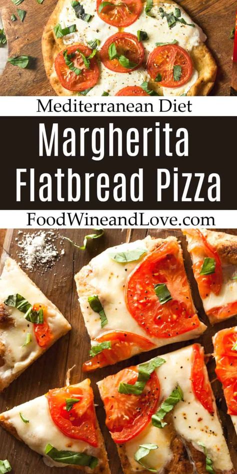 Margherita Flatbread Pizza, an easy Mediterranean diet recipe that is great for lunch, dinner, snack, or even as an appetizer! Margherita Flatbread Pizza, Medditeranean Diet, Mediterranean Diet Recipe, Margherita Flatbread, Diet Pizza, Easy Mediterranean Diet, Mediterranean Diet Food List, Mediterranean Recipes Healthy, Mediterranean Diet Recipes Dinners