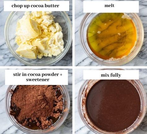 Learn how easy it is to make homemade chocolate with only 3 essential ingredients needed: cocoa butter, cocoa powder and a sweetener of your choice. You can easily make this chocolate vegan, low carb and paleo friendly by choosing the right sweetener for you! #glutenfree #chocolaterecipe #veganchocolate #chocolate #darkchocolate #glutenfreechocolate Cocoa Butter Chocolate Recipe, Cocoa Butter Chocolate, How To Make Cocoa Butter, Make Chocolate From Cocoa Powder, How To Make Chocolate From Cocoa Powder, How To Make Chocolate With Cocoa Powder, Chocolate From Cocoa Powder, Cacao Butter Recipes, Cocoa Butter Recipes