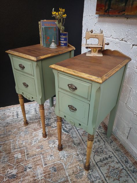 Green And Wood Nightstand, French Provincial End Tables, Sage Paint, Antique Furniture Makeover, Diy Furniture Restoration, Bigger House, Painted End Tables, Antique Desks, Matching Nightstands