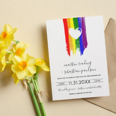 $2.92 | Paint Strokes Pride Flag & White Heart Wedding - lesbian wedding, heart, goth, charming, informal, pride flag, gay wedding, lgbt, rainbow, white Rainbow Wedding Invitations, Pride Wedding Ideas, Lgbt Wedding Invitations, Wedding Invatations, Gay Wedding Invitations, Marriage Invitation Card, Heart Wedding Invitations, Gay Weddings, Wedding Adventure