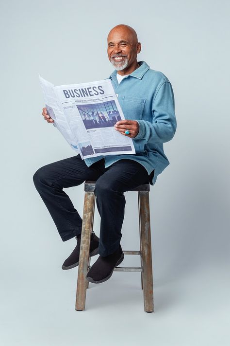 Black man on a stool reading a newspaper | premium image by rawpixel.com / McKinsey Reading Newspaper Pose, Person Reading Newspaper, Old Man Reading Newspaper, Newspaper Photography, Man Reading Newspaper, Black Paper Background, Person Reading, Reading A Newspaper, Render People