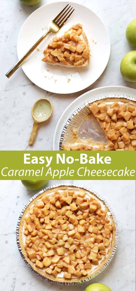 No Bake Caramel Apple Cheesecake, Easy Apple Cheesecake, Fall Cheesecake Recipes, Baked Apple Cheesecake, Caramel Apple Cheesecake Recipes, Apple Cheesecake Recipes, Best No Bake Cheesecake, Baked Caramel Apples, Apple Pie Cheesecake