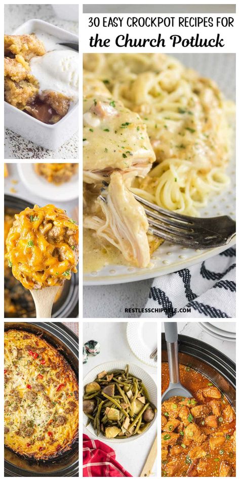 These 30 easy crock pot recipes are perfect for the next church potluck. They are delicious, easy, and they feed a crowd. No leftovers here! Crockpot Recipe To Feed A Crowd, Crock Pot Meals To Feed A Crowd, Crockpot Lunch For A Crowd, Crockpot Meals To Feed A Crowd, Crock Pot Pot Luck Dishes, Crock Pot Recipes For A Crowd, Crock Pot Meals For A Crowd, Wrestling Meals, Feed A Crowd Cheap