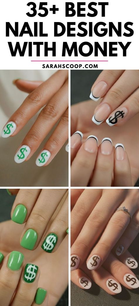 Show off your wealth and style with these 35+ nail designs featuring dollar signs, gold accents, and luxe embellishments that scream "money". Perfect for those who love a touch of glamour! 💅💵💎 #NailDesigns #NailArt #MoneyNailArt Dollar Nails Designs, Nails With Money Design, Dollar Sign Nails Design, Money Sign Nails Designs, Dollar Sign Nails, Money Sign Nails, Money Acrylic Nail Design, Money Nail Art, Money Nails Designs