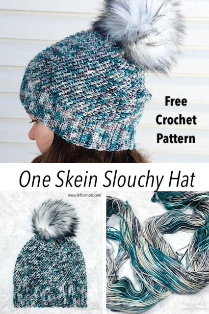 Use this free crochet pattern to make a textured slouchy hat using the herringbone HDC stitch and one skein of hand dyed yarn.  This pattern is fast and easy to make.  Top it with a faux fur pom pom for a modern touch. #crochet #crochetpattern #freecrochetpattern #indiedyedyarn #leftinknots Worsted Weight Crochet Hat, Crochet A Sun, Crochet Herringbone Stitch, Crochet Neck Scarf, Crochet Herringbone, One Skein Crochet, Make Top, Light Worsted Weight Yarn, Crochet Slouchy Hat