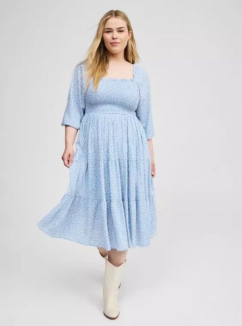 Midi Gauze 3/4 Length Sleeve Dress, SCATTERED DOT MOUNTAIN SPRING White Smocked Dress, Midi Dress Winter, Mountain Spring, Trendy Plus Size Fashion, Most Beautiful Dresses, Torrid Dresses, Tier Skirt, Blue Midi Dress, Winter Clothes