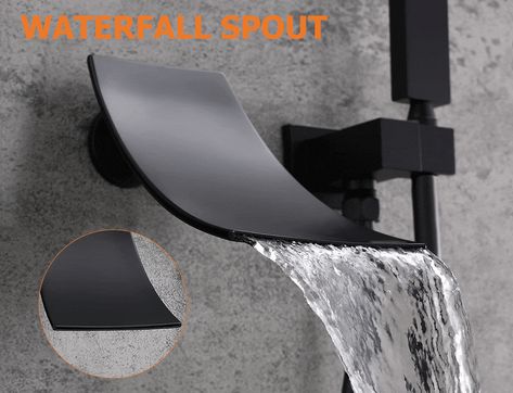 Modern Waterfall Wall-Mount Tub Filler Faucet Single Handle & Handshower in Matte Black - Bathtub Faucets - Bath & Faucets Faucet Finishes, Bathroom Sink Faucets Waterfall, Brass Bathroom Faucets, Matte Black Bathroom, Wall Mount Faucet Bathroom, Contemporary Shower, Bathroom Sink Taps, Waterfall Wall, Widespread Bathroom Faucet