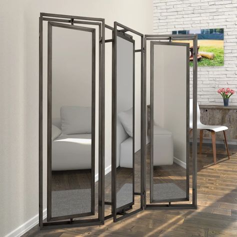 Ebern Designs Cherissa 77 W x 79.5 H 3 - Mirror Panel Room Divider | Wayfair Room Divider Metal, Mirror Room Divider, Folding Room Divider, Floor Screen, Elegant Mirror, Mirror Panel, Folding Room Dividers, Mirror Panels, Elegant Mirrors