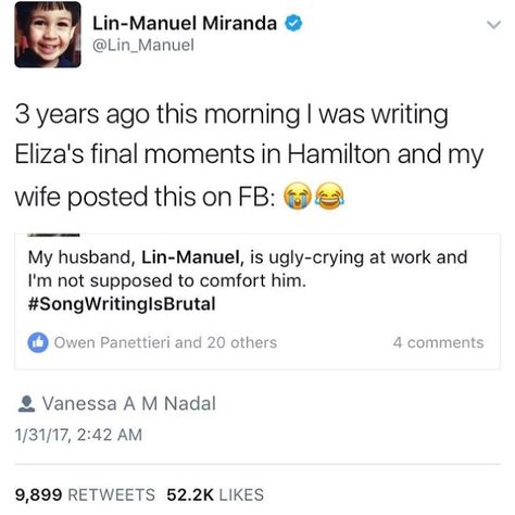 Lin-manuel-miranda ugly crying as he writes eliza's final moments Lin Manuel Miranda Tweets Hamilton, Lin-manuel Miranda, Lin Manuel Miranda Tweets, Quotes Albert Einstein, Quotes Historical, Lin Manuel Miranda Funny, Famous People Quotes, Ugly Crying, That's Hilarious