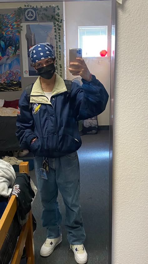 baggy wrangler jeans (thrifted), Navy bomber jacket (thrifted), white metallic purple jordan 4s, navy blue bandana Navy Outfit Men Street, Blue Bandana Outfit Men, Jordan 4 Baggy Jeans, Bandana Pants Outfit, Blue Jacket Outfits Aesthetic, Thrifted Fits Men, Metallic 4s Outfit, Baggy Jacket Outfit Men, Jordan 3 Purple Outfit