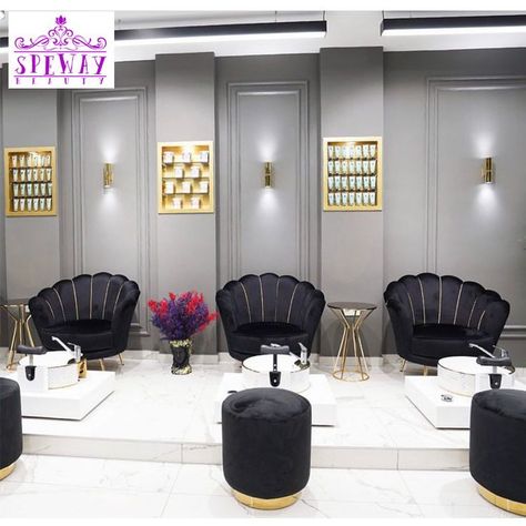 Nail Salon Black Decor, Beauty Salon Decor Luxury, Simple Pedicure, Black And Gold Salon, Pedicure Trolley, Pedicure Station, Nail Salon Interior Design, Salon Design Ideas, Nail Salon Interior