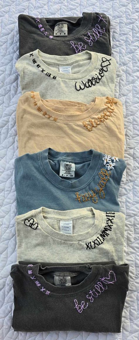 The perfect T-shirt for when you want to feel comfy, but still look cute.

All items are made to order. Each one is unique to you. No two shirts are the same. The featured Tee is single stitched hand embroidered. I can also do a chainstitch instead, if preferred.

Choose your color and size. Message me if you have any special requests for thread color. (Lots of other colors are available) Embroidered Shirts, Merch Ideas, Embroidered Tshirt, Chain Stitch, Embroidered Shirt, Personalized T Shirts, Other Colors, Hand Embroidered, Thread