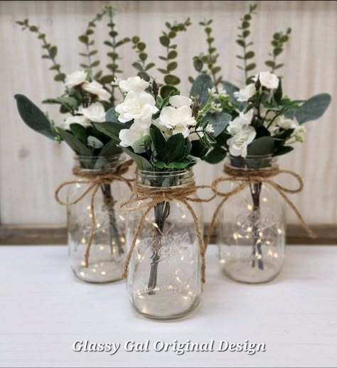 White Mini Rose Lighted Mason Jar Centerpiece, Wedding Centerpiece, Event Centerpiece, Wedding Decor, Farmhouse Wedding, Shower Decorations - Etsy Jar Centerpiece Wedding, Wedding Centerpieces Mason Jars, Mason Jar Centerpiece, Lighted Centerpieces, Event Centerpiece, Jar Centerpieces, Wedding Shower Decorations, Mason Jar Flowers, Centerpiece Wedding