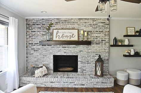 Grey Brick Wall Living Room, Gray Brick Fireplace, Pellet Stove Ideas Living Rooms, Grey Brick Wall, White Wash Fireplace, Brick Wall Living Room, White Wash Brick Fireplace, Living Room Hacks, Brick Fireplace Makeover