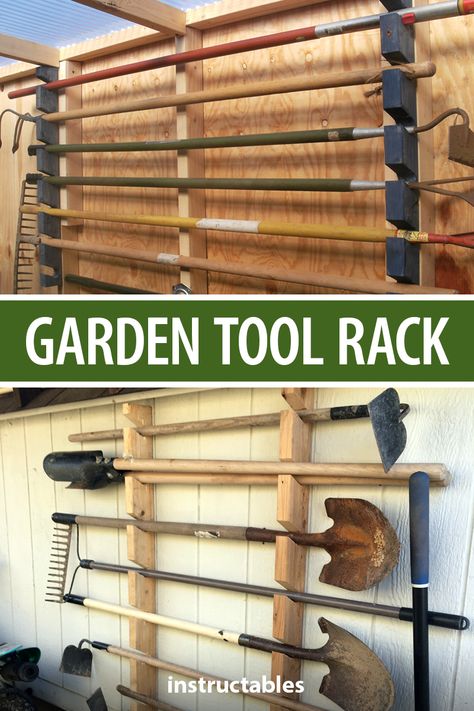 Garage Storage Shovels And Rakes, Tool Rack For Garage, Diy Garden Tool Storage Ideas, Garage Weedeater Storage, Diy Garden Tools Storage, Garage Yard Tool Storage, Garage Shovel Storage, Garden Tool Shed Organization, Yard Tool Organization Diy