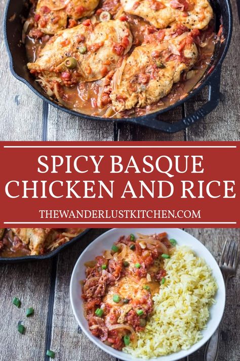 Brighten your dinner routine with Spicy Basque Chicken with Saffron Rice! This quick, 30-minute recipe boasts a palette of smoked paprika, chilies, and green olives for maximum flavor. Basque Chicken, Basque Dinner Recipes, Basque Chicken Recipes, Basque Food Recipes, Basque Recipes, Chicken And Rice Spanish, Spanish Saffron Rice Recipe, Chicken Saffron Rice, Saffron Rice Recipe