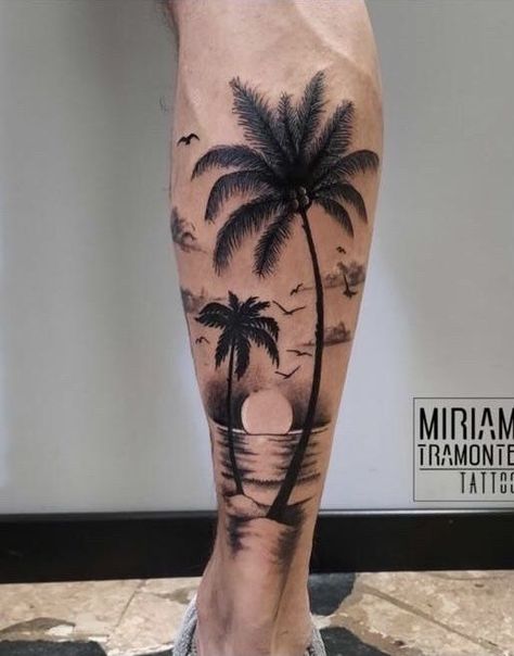 Strand Tattoo, Calf Sleeve Tattoo, Stencils Art, Calf Tattoo Men, Tattoo Homme, Tattoo Unique, Sunset Tattoos, Palm Tattoos, Palm Tree Tattoo