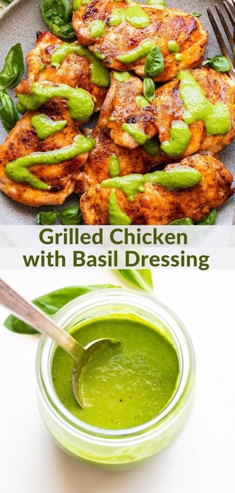 This Grilled Chicken with Basil Dressing is a quick and easy dinner that's perfect for summer or anytime you have a bunch of basil you need to use! #grilledchicken #basil #dressing #vinaigrette #chickenrecipes #easydinner #chickenthighs #chickenbreasts Summer Dinner Recipes Chicken, Chicken Basil Recipes, Dinner Recipes Chicken Breast, Runner Recipes, Chicken With Basil, Recipe Runner, Fresh Basil Recipes, Dressing Vinaigrette, Recipes Chicken Breast