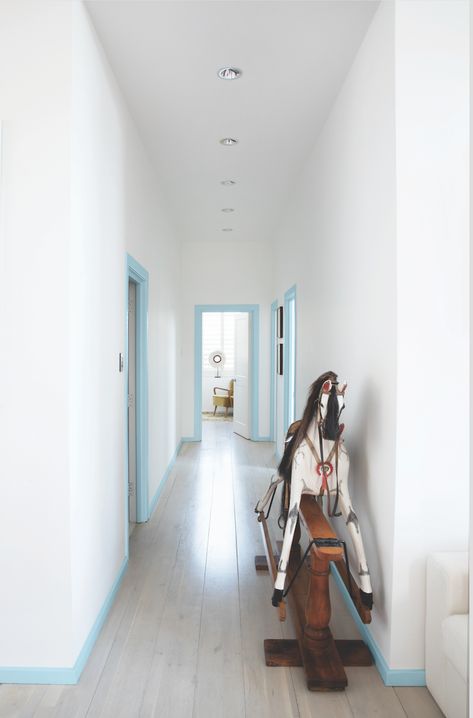 Painted Moulding Ideas, Painted Door Frames And Skirting Boards, Door Frame Paint, Painted Doors Hallway, Painted Door Frames, Coloured Skirting Boards, Brighton Apartment, Being More Productive, Door Hallway