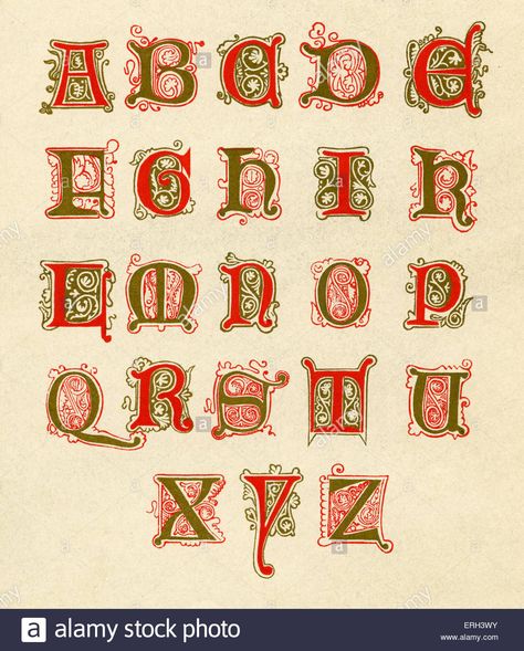 Fifteenth century illuminated alphabet. Red and gold. (1886 source). Stock Photo Illuminated Alphabet, Alphabet Letters Images, Illustrated Manuscript, Medieval Books, Gothic Pattern, Hand Lettering Inspiration, Drop Cap, Fairytale Illustration, Medieval Manuscript