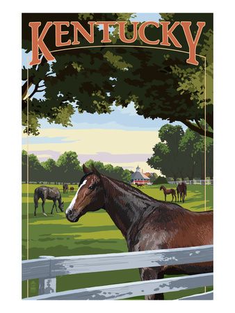 Kentucky Travel Ads (Decorative Art) Posters at AllPosters.com Horses Farm, Kentucky Travel, Wood Postcard, Travel Ads, Thoroughbred Horse, Large Framed Prints, Retro Travel Poster, Farm Scene, Scene Art