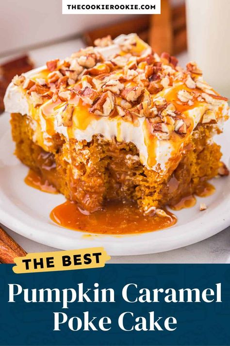 This Pumpkin Caramel Poke Cake recipe takes a box of butter pecan cake mix and turns into the fall dessert of your dreams! Pumpkin puree, pumpkin pie spice, caramel, and a few other ingredients dress up this cake, with cream cheese frosting and chopped nuts for a beautiful finish. Poke Cake Thanksgiving, Pumpkin Pecan Pudding Cake, Pumpkin Caramel Cream Cheese Poke Cake, Pumpkin Dessert Recipes With Cake Mix Boxes, Carmel Pumpkin Cream Cheese Poke Cake, Pumpkin Spice Poke Cake With Caramel, Spice Cake Mix With Pumpkin Puree, Pumpkin Poke Cake With Yellow Cake, Carmel Pumpkin Poke Cake Recipe