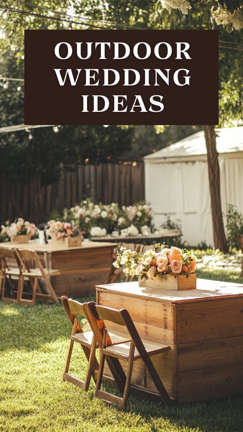 Outdoor wedding setup with simple decorations, rustic elements, and budget-friendly ideas for a stunning outdoor ceremony and reception. Small Intimate Wedding Ideas Backyards Simple, Simple Wedding On A Budget, Park Wedding Decorations, Fall Backyard Wedding, Diy Backyard Projects, Outdoor Wedding Tables, Wedding Ideas Outdoor, Wedding Ideas On A Budget, Fall Backyard