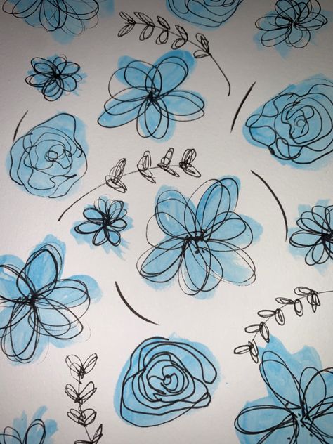 #blue #flower #aesthetic #watercolor #ink #doodle #messy #drawing Aesthetic Blue Flowers Drawing, Simple Blue Drawings, Easy Blue Watercolor Paintings, Messy Flower Tattoo, Blue Flowers Aesthetic Painting, Messy Flowers Drawing, Drawing Blue Flowers, Blue Journal Ideas Aesthetic, Flower Aesthetic Doodle