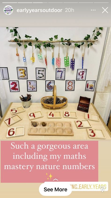 Numeracy Corner Preschool, Math Corner Classroom Ideas, Maths Display Eyfs, Eyfs Maths Display, Nursery Display Boards Eyfs, Natural Display Boards Eyfs, Maths In The Environment Eyfs, Nursery Maths Display, Natural Maths Area Eyfs