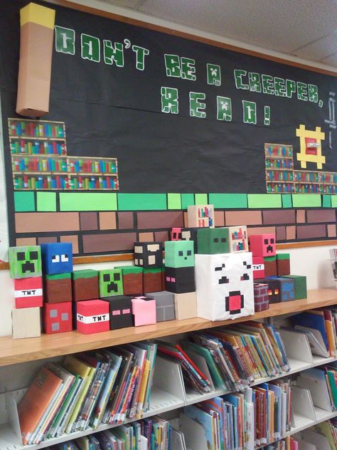 Minecraft Display Bulletin Board                                                                                                                                                                                 More Minecraft Classroom Decorations, Minecraft Classroom Ideas, Gaming Bulletin Board Ideas, Minecraft Bulletin Board Ideas, Board Game Theme Classroom Doors, Minecraft Bulletin Board, Dreambox Math Bulletin Board, Bookopoly Bulletin Board, Minecraft Classroom