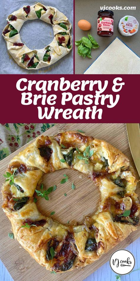 An impressive flaky pastry wreath filled with slices of brie, tangy cranberry sauce and fresh basil. This incredibly tasty dish is an absolute winner to share for Christmas nibbles but actually is so well-received at any time of the year. if you want to mix things up in the filling, go right ahead! If you head to my website you'll see some great alternative ideas. #vjcooks #pastrywreath #Christmasnibbles #brieandcranberry Cranberry Brie Christmas Wreath, Brie Cranberry Wreath Appetizer, Christmas Baking Wreath, Brie And Cranberry Pastry Wreath, Cranberry Brie Wreath Appetizer, Cranberry Brie Pastry Wreath, Cranberry And Brie Wreath, Cranberry Brie Appetizer Crescent, Cresent Roll Brie Cranberry