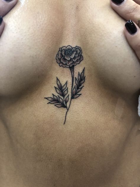 Marigold Vine Tattoo, Sternum Tattoos, Marigold Tattoo, Earthy Tattoos, Father Tattoos, Birth Flower Tattoos, Sternum Tattoo, Art Tattoos, Chest Tattoo