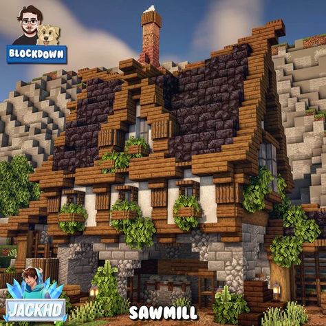 Minecraft Sawmill Ideas, Minecraft Medieval Fantasy Builds, Minecraft Inn Interior, Medium Sized Minecraft Houses, Blockdown Builds, Fwhip Minecraft Builds, Minecraft Savannah Build, Minecraft Fletcher House, Minecraft Midevil House Ideas