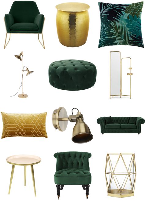 Luxe Green and Gold Living Room - Furnishful's Living Room Ideas - Inspiration Boards | Furnishful Green And Gold Living Room, Living Room Inspiration Board, Modern Bohemian Living Room, Luxe Living Room, Gold Living, Bohemian Living Rooms, Green Living Room, Gold Living Room, Dekorasi Kamar Tidur